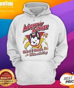 Nice Here I Come To Save The Day Mighty Mouse Hoodie featuring vibrant colors and a classic cartoon design.