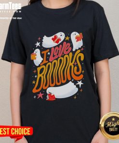 Halloween season ladies tee featuring 'Nice I Love Booooks' design, perfect for book lovers and spooky festivities.