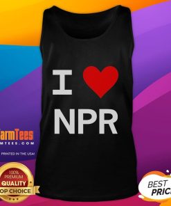 Woman wearing a 'Nice I Love NPR' tank top, showcasing her love for public radio in a casual summer setting.