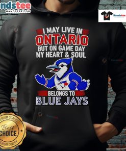 Person wearing a Toronto Blue Jays hoodie, expressing loyalty on game day, despite living in Ontario.