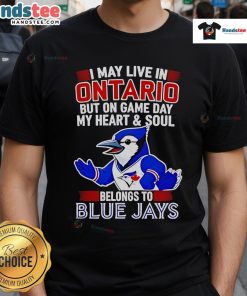 Toronto Blue Jays T-shirt design: 'I May Live In Ontario But My Heart Belongs To The Blue Jays' for game day fans.