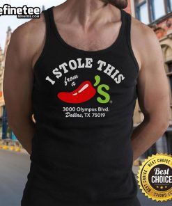 Alt Text: Charming 'Nice I Stole This From A Chili's' tank top displayed on a hanger, perfect for casual outings and food lovers.