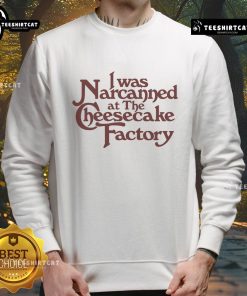 Cozy 'Nice, I Was Narcanned at the Dessert Factory' sweatshirt displayed on a model against a vibrant backdrop.