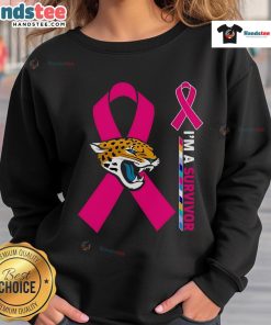 Alt Text: Jacksonville Jaguars X Cancer Awareness 'I'm A Survivor' Sweatshirt featuring team colors and supportive design.