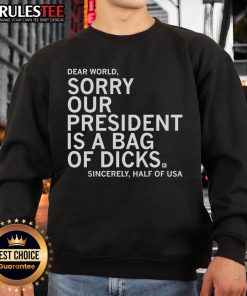 Jamie Bonkiewicz wearing our 'President Is A Bag Of Dicks' sweatshirt, showcasing bold political humor in casual fashion.