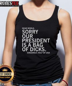 Jamie Bonkiewicz wearing 'Our President Is A Bag Of Dicks' tank top, showcasing bold political statement and style.
