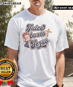 Colorful juice boxes and a 'Jesus' t-shirt displayed together, perfect for fun gatherings and faith-inspired events.