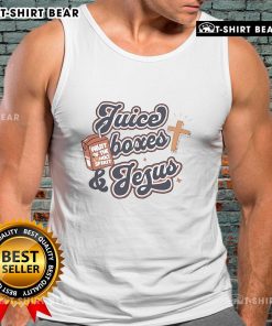 Colorful juice boxes and a stylish Jesus tank top displayed together, perfect for summer outings and casual wear.