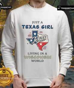 Alt Text: Cozy Just A Texas Girl Living In A Wisconsin World sweatshirt in a stylish setting, perfect for casual wear.