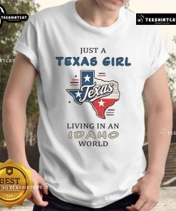 Texas girl living in Idaho world T-shirt design featuring fun typography and vibrant colors, perfect for proud Texans.