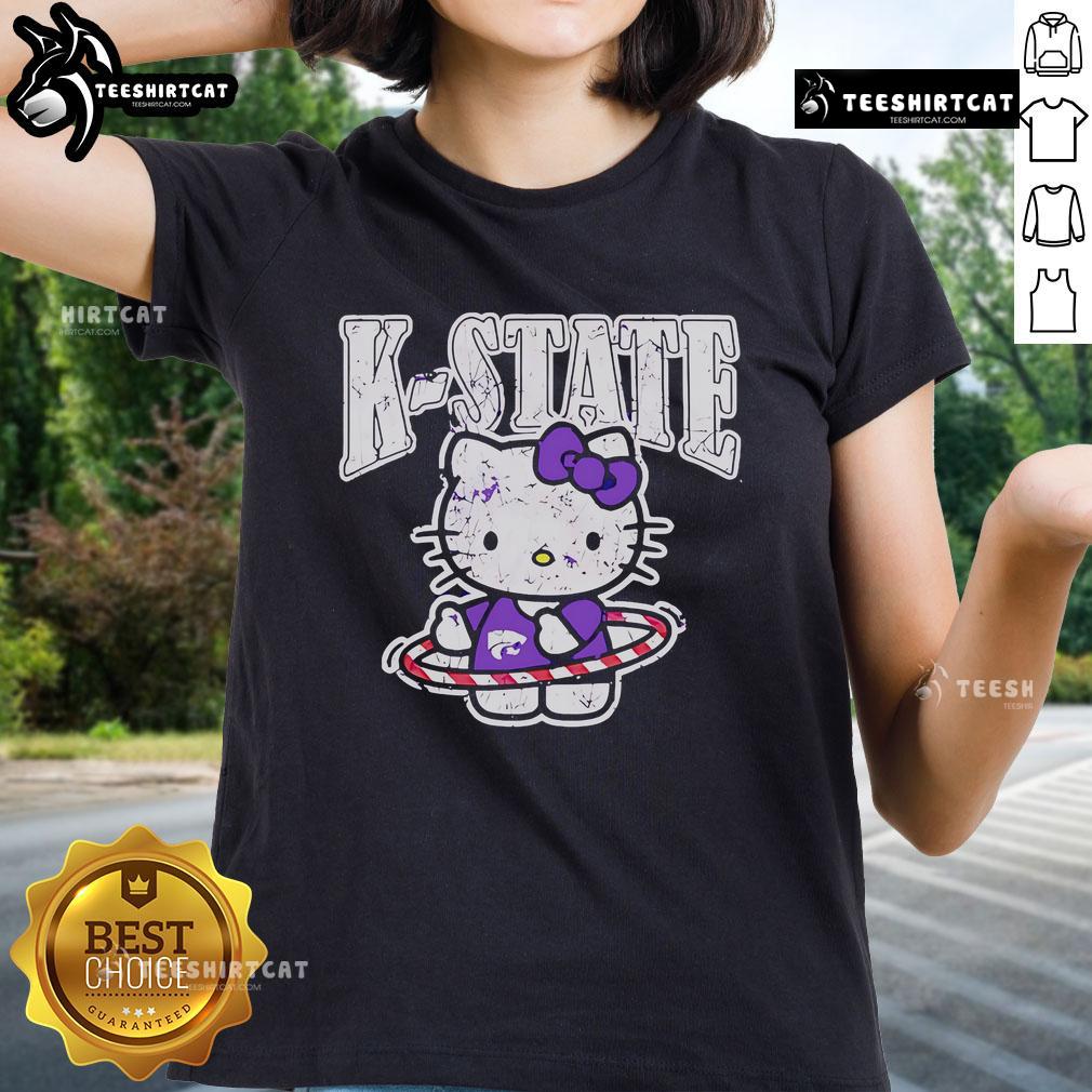 Nice K State Wildcats Hello Kitty Ladies Tee Alt Text: Ladies' K-State Wildcats Hello Kitty tee featuring vibrant graphics, perfect for fans and casual wear.