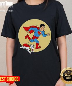 Alt Text: Nice Kal-El and Krypto tee inspired by Tintin, perfect for fans of superhero adventures and stylish casual wear.
