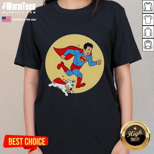 Alt Text: Nice Kal-El and Krypto tee inspired by Tintin, perfect for fans of superhero adventures and stylish casual wear.