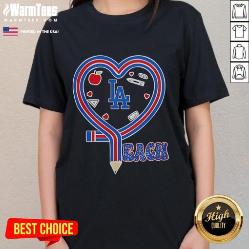 Womens tee featuring Los Angeles Dodgers baseball love design with heart and pencil graphics, perfect for fans.