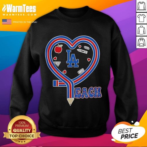 Cozy sweatshirt featuring 'Love Teaching' and Los Angeles Dodgers logo, perfect for baseball fans and educators.