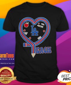 Los Angeles Dodgers baseball love t-shirt featuring a heart and pencil design, perfect for teaching fans and sports lovers.
