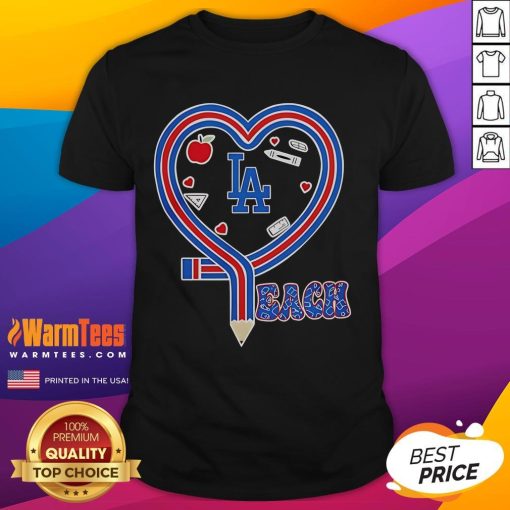 Los Angeles Dodgers baseball love t-shirt featuring a heart and pencil design, perfect for teaching fans and sports lovers.