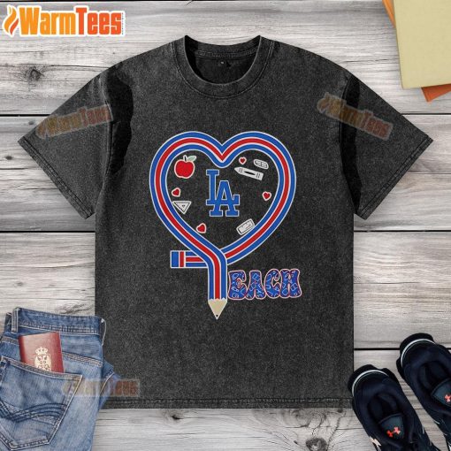 Nice Los Angeles Dodgers baseball love teaching heart pencil washed t-shirt for fans and casual wear enthusiasts.
