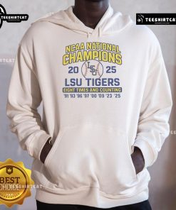 LSU Tigers 2025 NCAA Champions hoodie featuring bold graphics celebrating eight championships and counting.