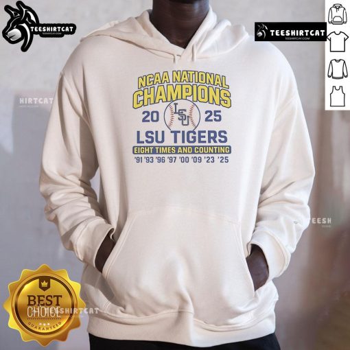 LSU Tigers 2025 NCAA Champions hoodie featuring bold graphics celebrating eight championships and counting.