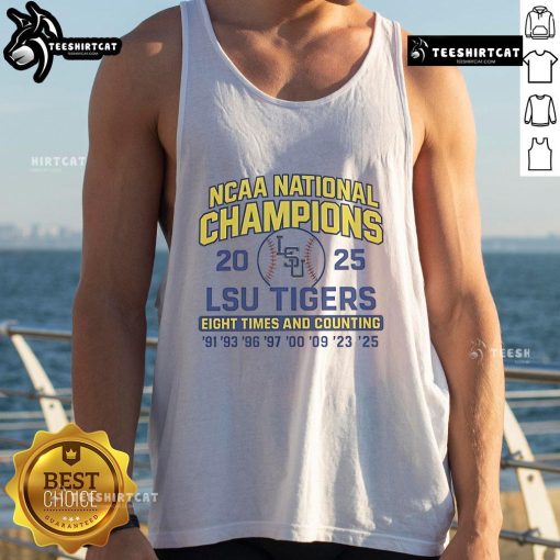 LSU Tigers 2025 NCAA Champions tank top celebrating eight championship victories, perfect for fans and sports enthusiasts.