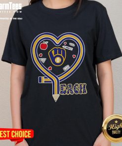 Nice Milwaukee Brewers baseball tee for ladies featuring a heart and pencil design, perfect for teachers and fans.