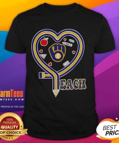 Milwaukee Brewers baseball-themed T-shirt featuring a heart and pencil design, perfect for teachers and fans.