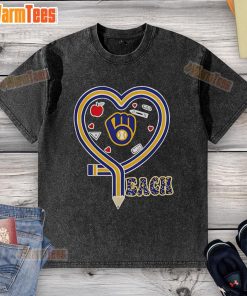 Nice Milwaukee Brewers baseball-themed t-shirt with a heart and pencil design, perfect for fans and teachers.