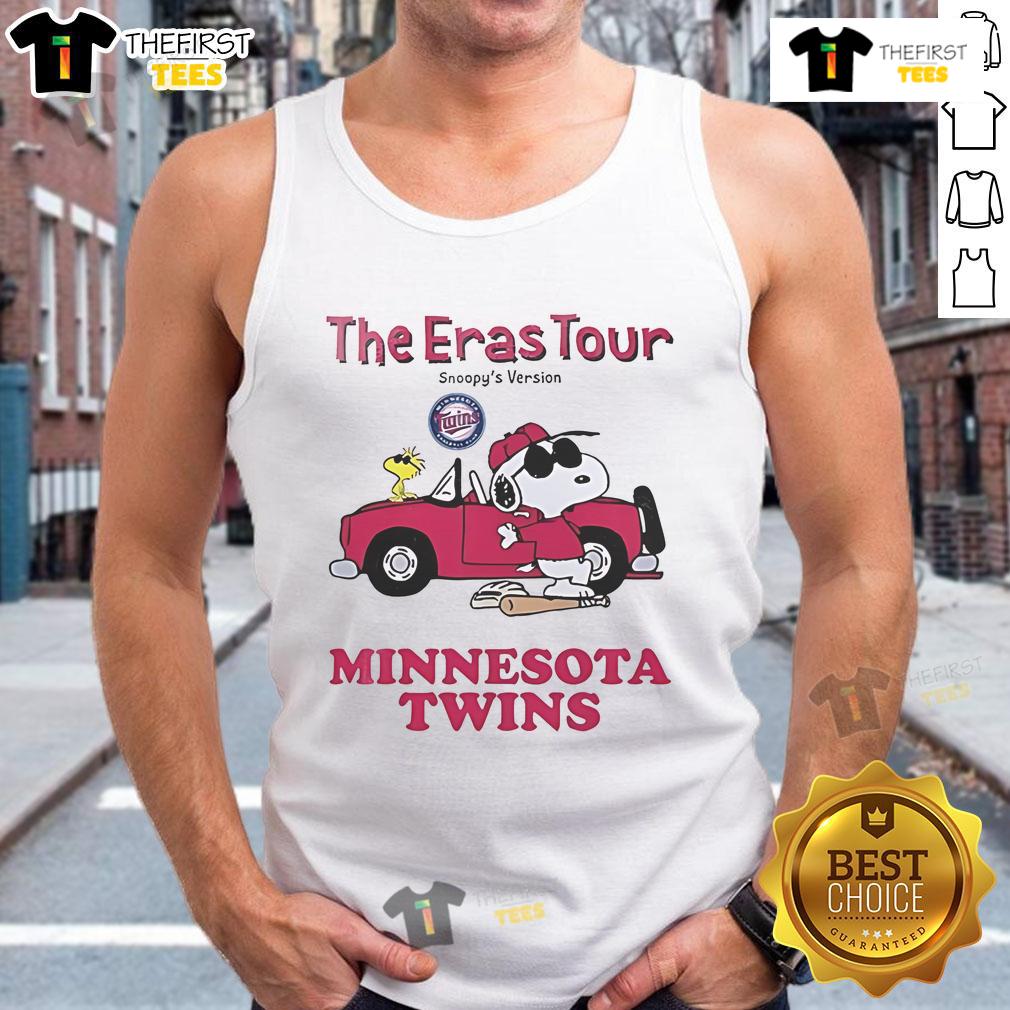 Nice Minnesota Twins The Eras Tour Snoopy Tank Top Woman wearing a Minnesota Twins Eras Tour Snoopy tank top at a baseball game, showcasing team spirit and style.