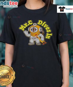 Nice Mr. C dives into fun wearing a Rubber Chicken Ladies Tee, showcasing a playful and vibrant design.