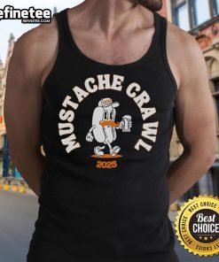 Man wearing a hotdog tank top at the Nice Mustache Crawl 2025, showcasing fun fashion and community spirit.