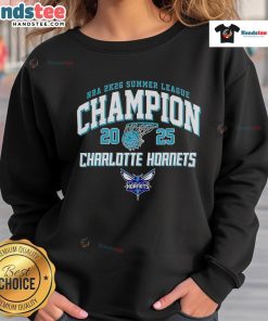 Alt Text: 2025 Charlotte Hornets Summer League Champions sweatshirt featuring Nice NBA 2K26 design, perfect for fans.