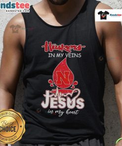 Nice Nebraska Husker in My Veins Jesus in My Heart tank top displayed on a mannequin, perfect for fans and casual wear.