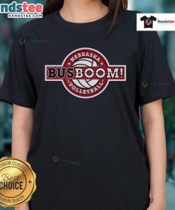 Nice Nebraska Volleyball Bus Boom Ladies Tee featuring vibrant graphics and a comfortable fit for fans and players.