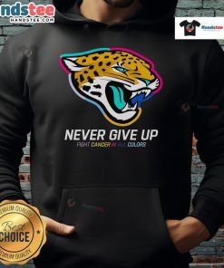 Jacksonville Jaguars hoodie featuring 'Nice Never Give Up Fight Cancer' design in vibrant colors, promoting cancer awareness.