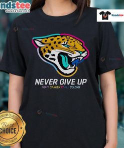 Jacksonville Jaguars ladies tee featuring 'Nice Never Give Up Fight Cancer' design in vibrant colors.