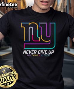 Alt Text: Nice Never Give Up Fight Cancer T-Shirt in all colors, featuring New York Giants logo, promoting cancer awareness.
