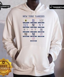 Alt Text: Cozy hoodie featuring the history of New York Yankees team logos, perfect for fans and collectors.