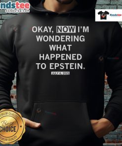 July 2025 hoodie featuring 'Nice, Okay, Now I'm Wondering What Happened to Epstein' graphic design.