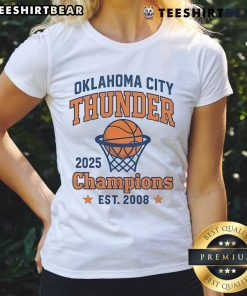 2025 OKC Thunder Champions ladies tee, featuring vibrant team colors and logo, perfect for fans in Oklahoma City.