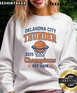2025 OKC Thunder Champions sweatshirt featuring vibrant team colors and logo, perfect for fans in Oklahoma City.