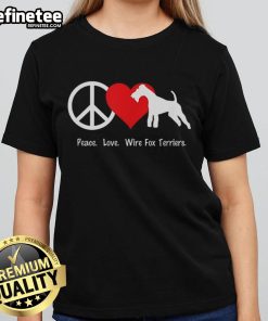 Womens tee featuring a 'Peace Love Wire Fox Terriers' design, perfect for dog lovers and stylish casual wear.