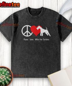 Alt Text: Nice Peace Love Wire Fox Terriers washed t-shirt featuring a playful design of adorable terriers and vibrant colors.