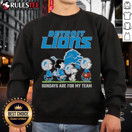 Nice Peanuts Detroit Lions 'Sundays Are For My Team' sweatshirt featuring Charlie Brown and the Lions logo.