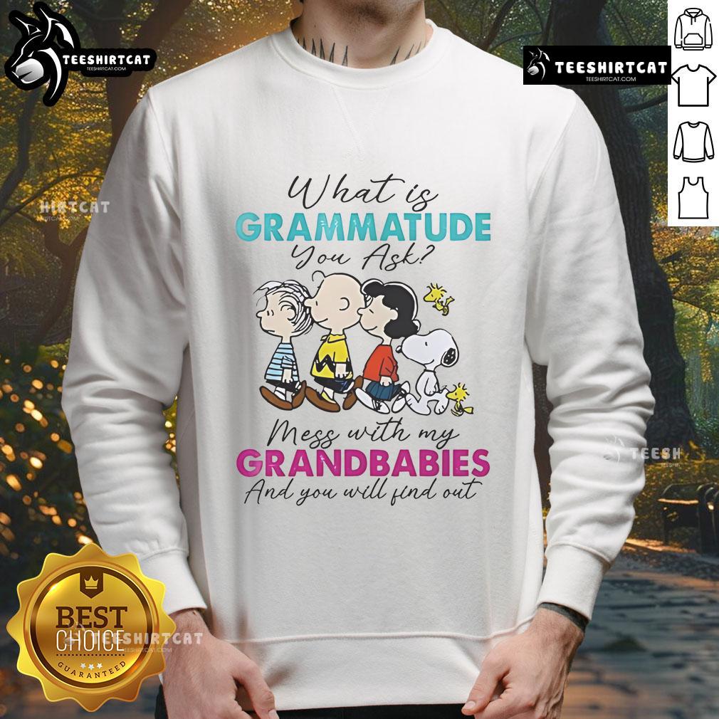 Nice Peanuts What Is Grammatude You Ask Mess With My Grandbabies And You Will Find Out Sweatshirt Cozy sweatshirt featuring 'Mess with my grandbabies' quote, perfect for proud grandparents and peanut lovers.