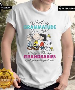 Alt Text: Nice Peanuts 'What Is Grammatude You Ask' T-Shirt featuring playful message about grandbabies and protection.