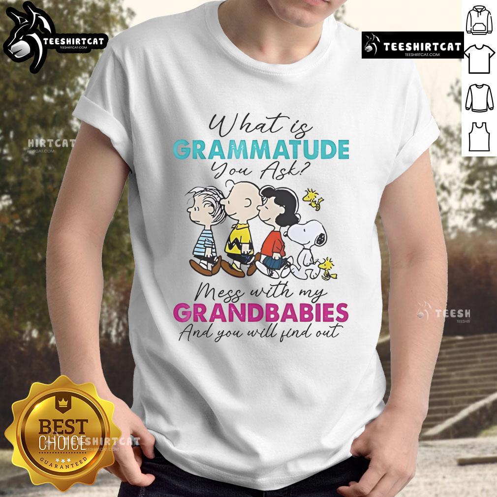 Nice Peanuts What Is Grammatude You Ask Mess With My Grandbabies And You Will Find Out T-Shirt Alt Text: Nice Peanuts 'What Is Grammatude You Ask' T-Shirt featuring playful message about grandbabies and protection.