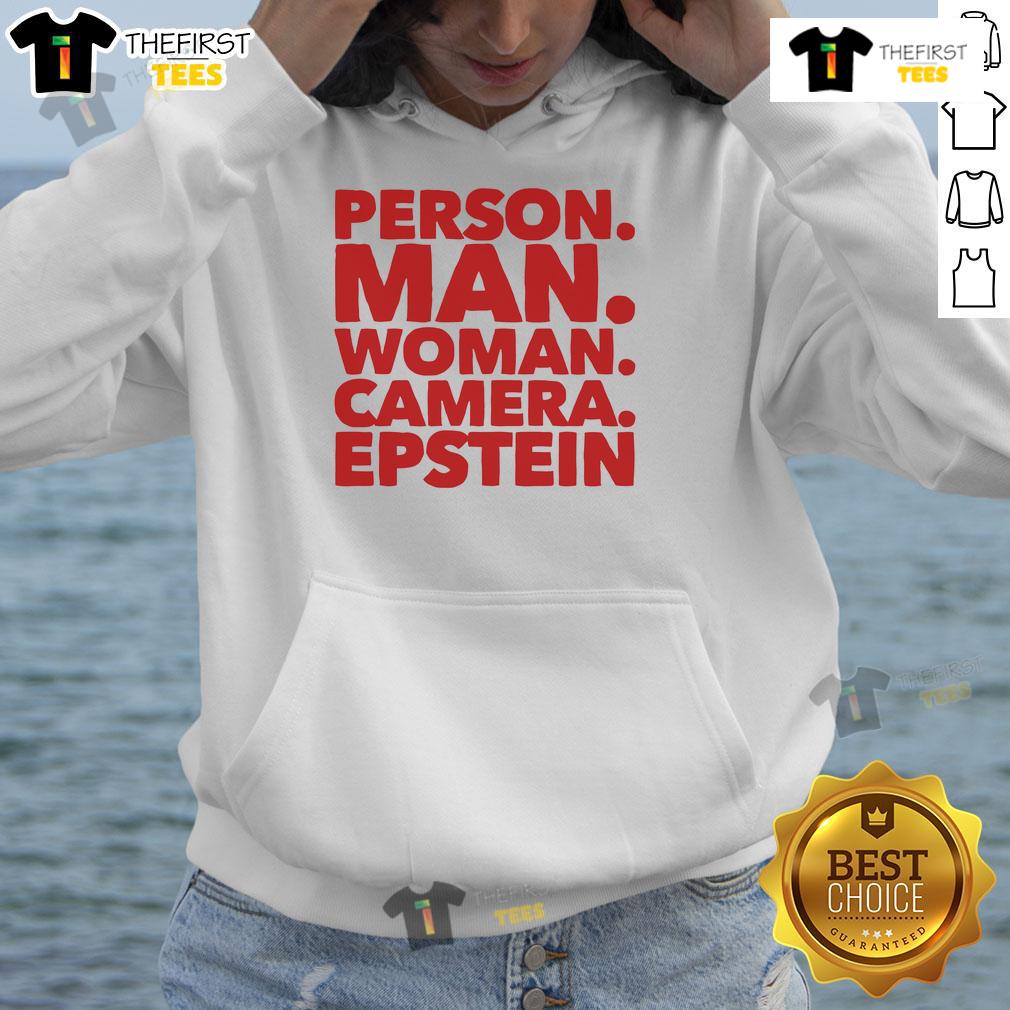 Nice Person Man Woman Camera Epstein Hoodie Friendly man and woman wearing Epstein hoodies, posing together with a camera in a vibrant urban setting.