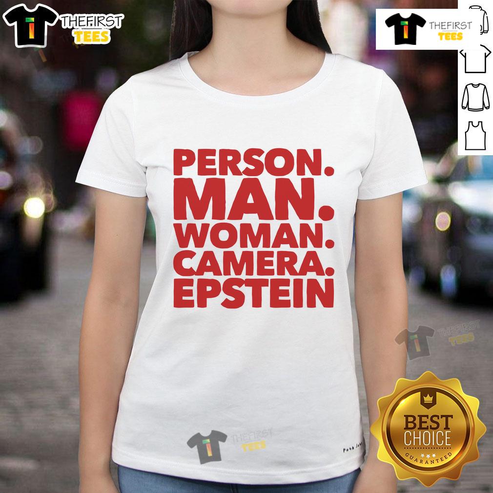 Nice Person Man Woman Camera Epstein Ladies Tee Nice person man and woman smiling with camera, wearing Epstein ladies tee, showcasing casual style and friendship.