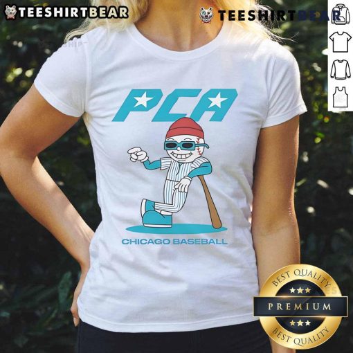 Alt Text: Cartoon of Pete Crow-Armstrong in a Chicago Cubs mid-summer baseball tee for ladies, showcasing team spirit and style.